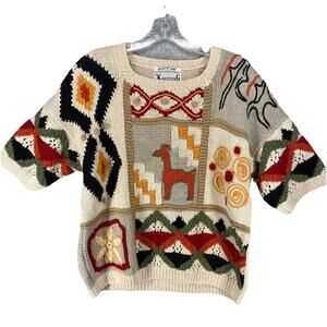 🤍 Knitting Needles Womens M Cream Alpaca Design Sweater Vintage 🤍